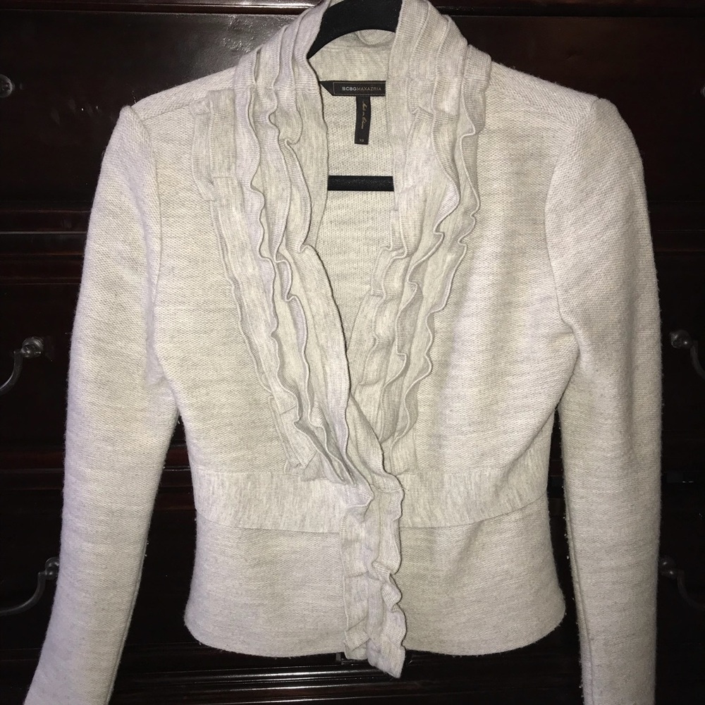 BCBGMAXAZRIA cropped ruffle trim jacket